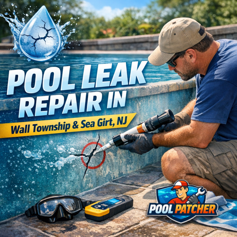 Close-up of a pool wall with a visible crack being repaired to fix a leak.