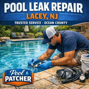 Technician repairing a pool leak using equipment next to a swimming pool in Lacey, NJ.