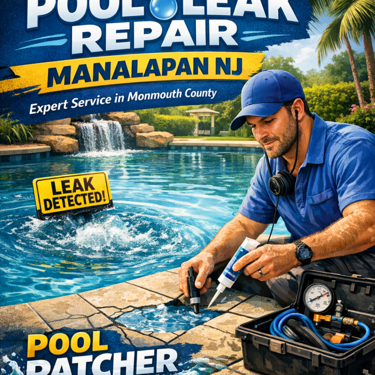 Technician repairing a pool leak, using specialized equipment by a backyard swimming pool in Manalapan, NJ.