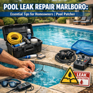 Pool leak repair tools and equipment arranged beside a backyard pool for homeowners in Marlboro.