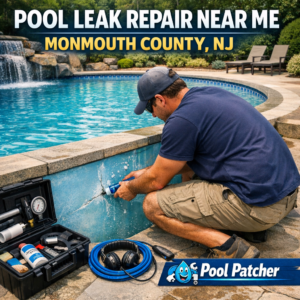 Technician repairing a pool leak with tools, representing professional pool leak repair in Monmouth County, NJ.
