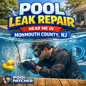 Technician repairing a swimming pool leak with specialized tools near Monmouth County, NJ.