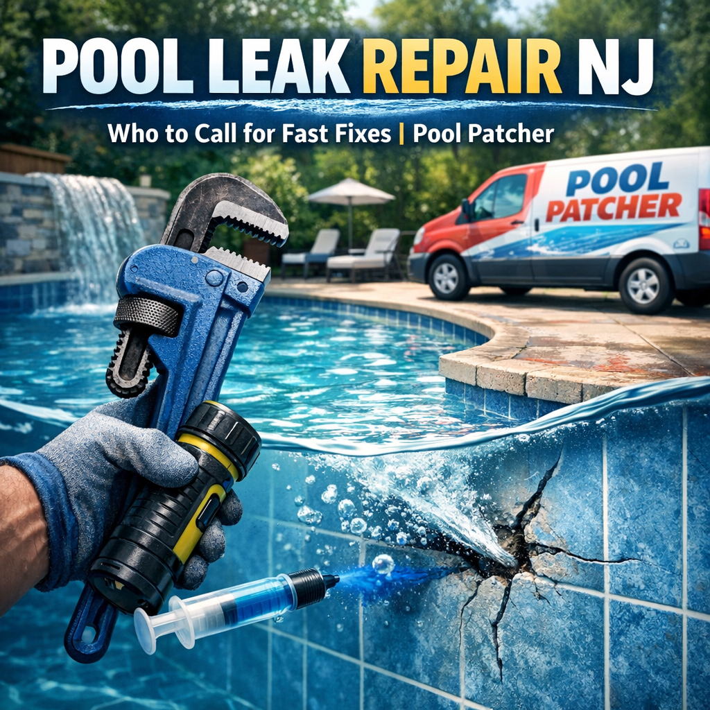 Technician repairing a swimming pool leak with tools, showcasing fast pool patching services in New Jersey.