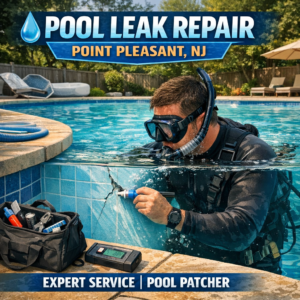 Technician repairing a pool leak using patching materials in Point Pleasant, NJ pool.