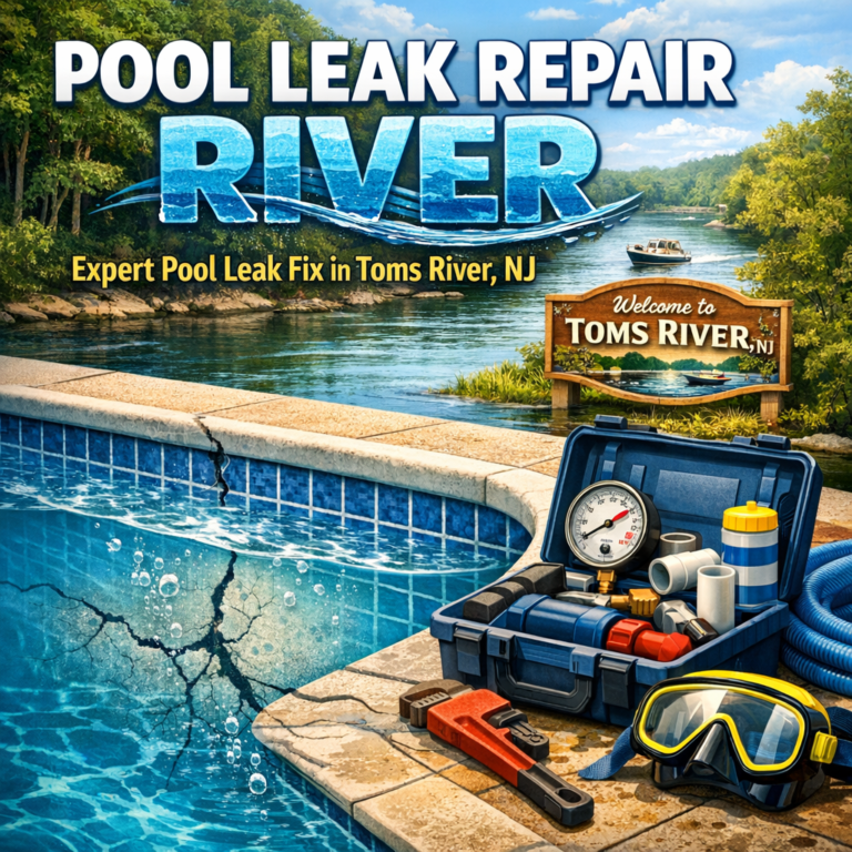 Technician repairing a swimming pool leak using specialized tools in Toms River, NJ.