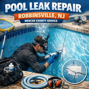 Technician repairing an inground swimming pool leak with professional equipment at a residential backyard in Robbinsville, NJ