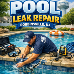 Technician performing pool leak repair in Robbinsville, NJ, using specialized equipment by the pool edge.