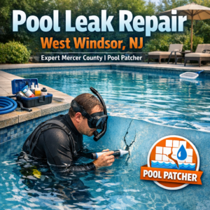 Technician repairs an indoor pool leak, using tools to patch the pool wall in West Windsor, NJ.
