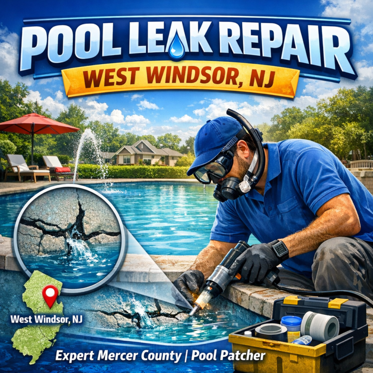 Technician repairing a swimming pool leak with specialized tools in West Windsor, NJ.