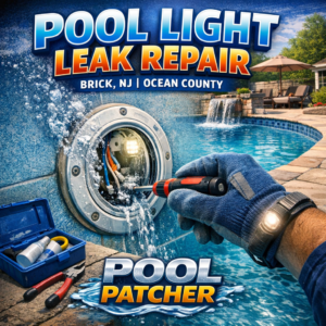 Technician repairing a pool light leak on a pool wall using specialized tools in Brick, NJ.