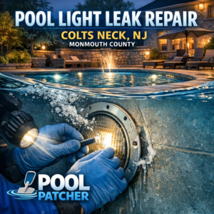 Technician repairing a pool light leak underwater in a residential pool in Colts Neck, NJ.