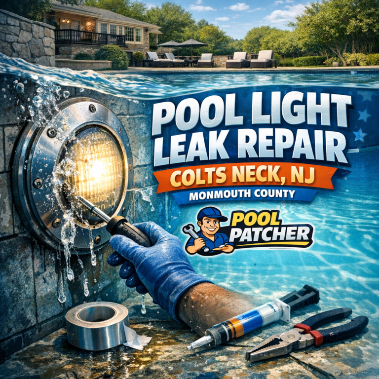 Close-up of a pool light fixture being repaired to fix a leak in a residential swimming pool.