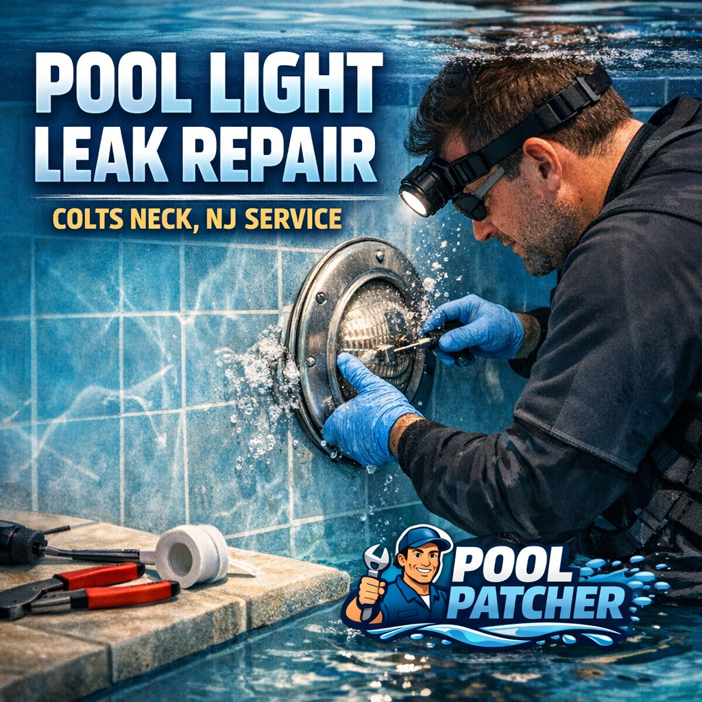 Technician repairing a pool light leak using specialized equipment beside a residential pool at night.