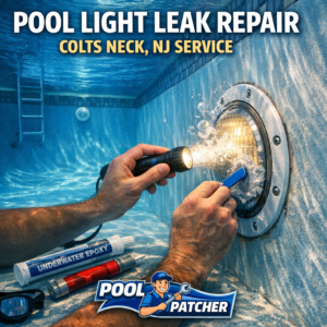 Underwater pool light leak being repaired in a residential pool in Colts Neck, NJ by a professional technician.