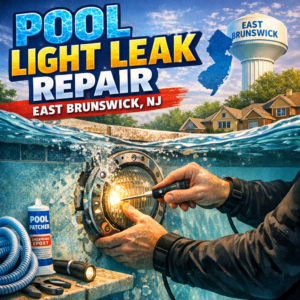 Technician repairing a pool light leak using epoxy and tools in East Brunswick, NJ.