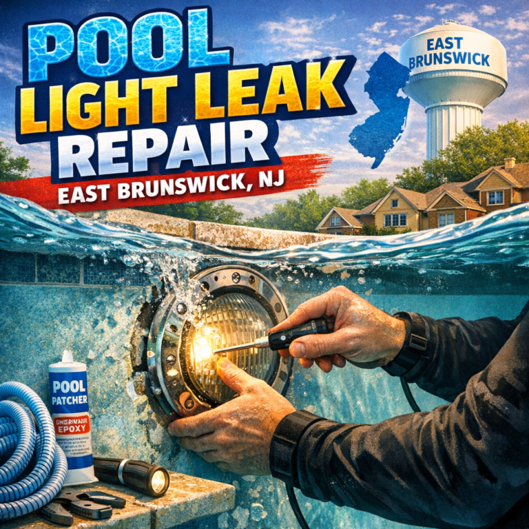 Technician repairing a pool light leak using epoxy and tools in East Brunswick, NJ.