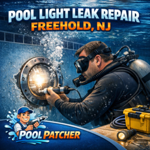 Underwater view of a pool light leak repair service being performed in a residential pool in Freehold, NJ.