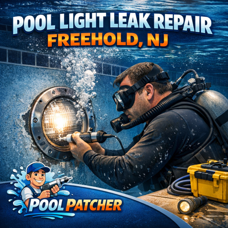 Underwater view of a pool light leak repair service being performed in a residential pool in Freehold, NJ.