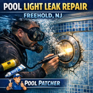 Underwater pool light leak being repaired by a technician in a swimming pool in Freehold, NJ.