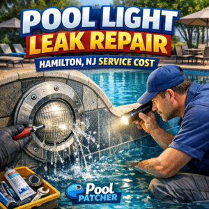 Pool technician repairing a light leak in a pool, wearing a mask and gloves, with tools and water visible.