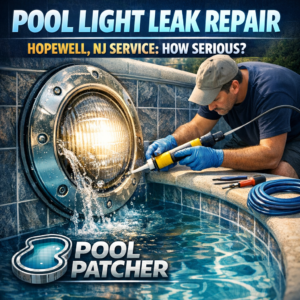 Technician repairing a pool light leak underwater using specialized tools in a residential pool.