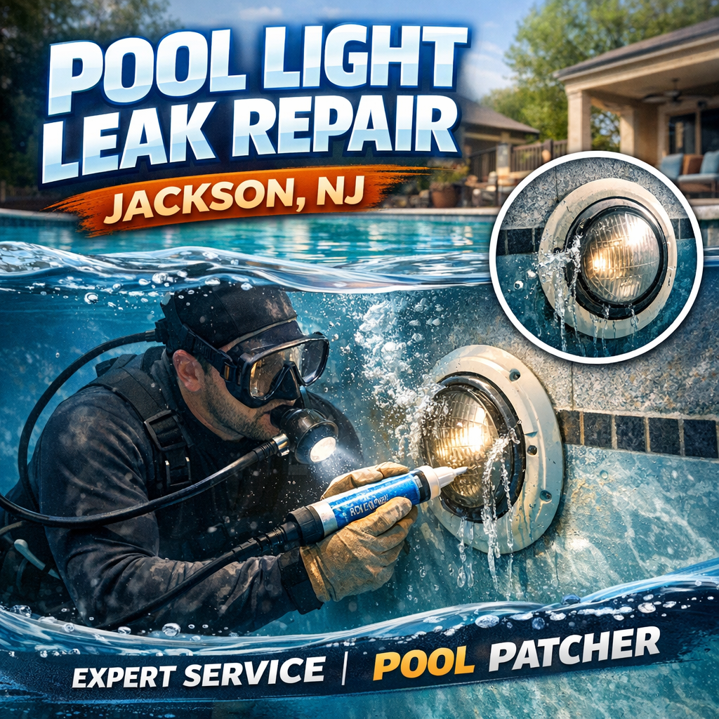 Technician repairing a pool leak with patching tools near the water's edge in Jackson, NJ.
