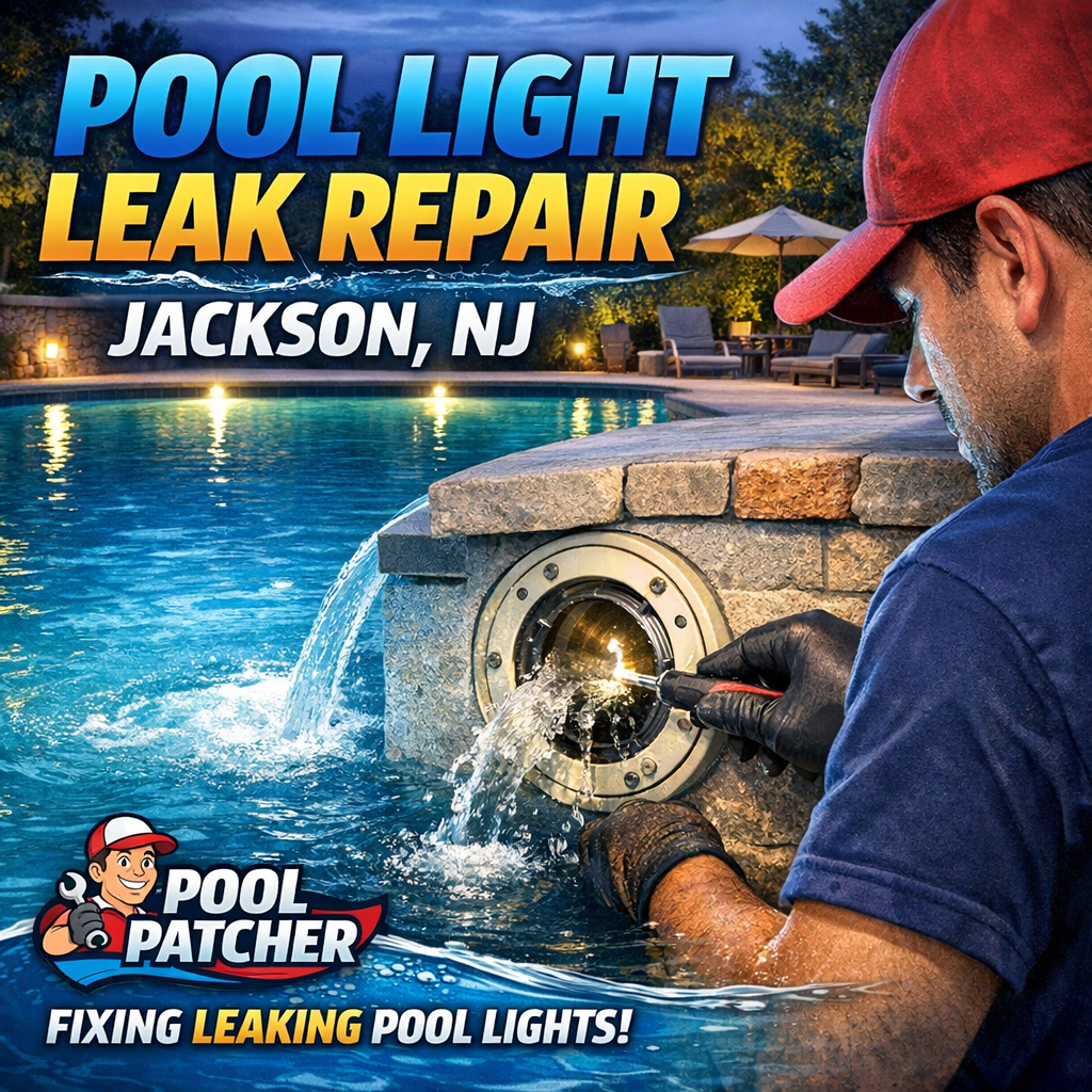 Technician repairing a pool light leak underwater with specialized tools during a professional service.