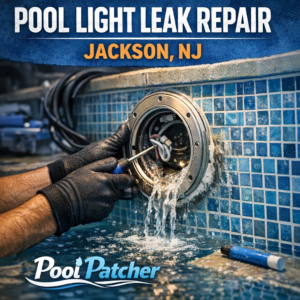 Close-up of a technician repairing a pool light leak in a swimming pool in Jackson, NJ.