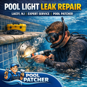 Underwater view of a technician repairing a pool light leak with specialized tools in Lacey, NJ.