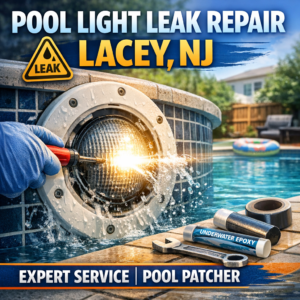 Technician repairing a pool light leak underwater using epoxy and tools in a swimming pool.