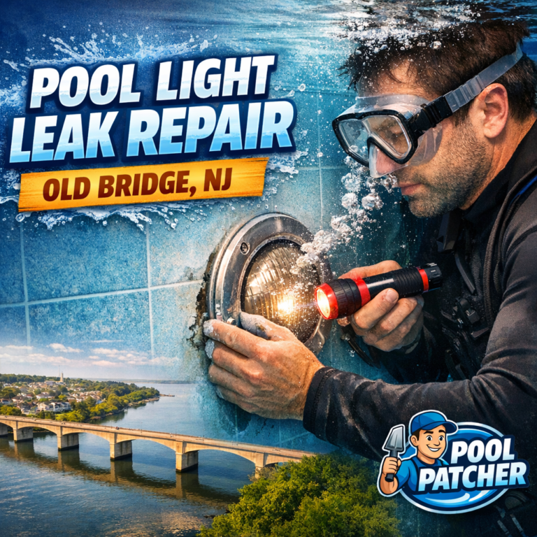 Technician repairing a pool light leak underwater in a residential pool in Old Bridge, NJ.
