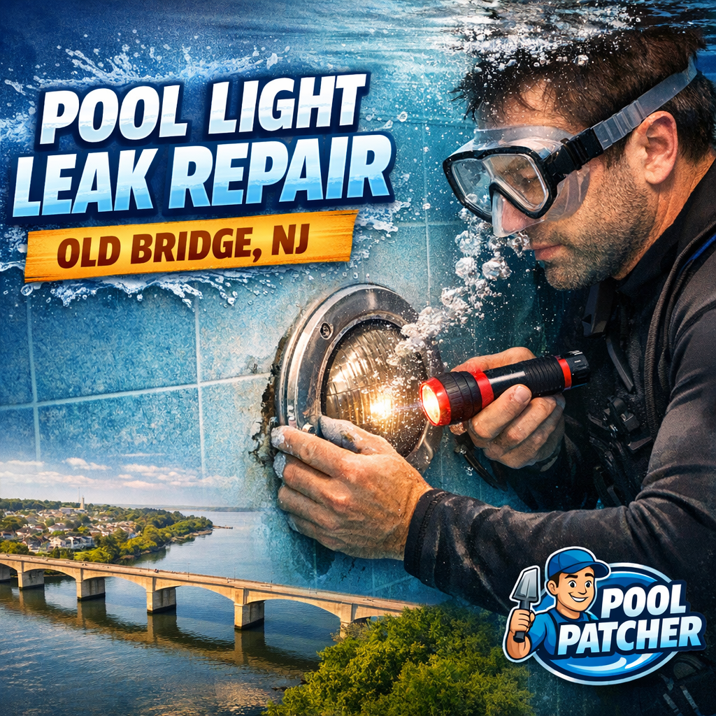 Technician repairing a pool light leak underwater in a residential pool in Old Bridge, NJ.