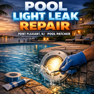 Technician repairing a pool light leak underwater in a residential pool in Point Pleasant, NJ.
