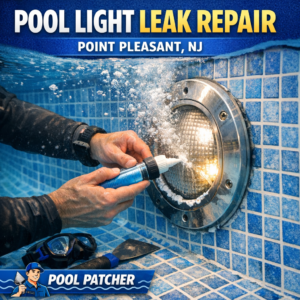 Close-up of a pool light with water leaking, being repaired by a professional technician.