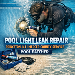 Underwater pool light leak repair being performed in a residential pool in Princeton, NJ.