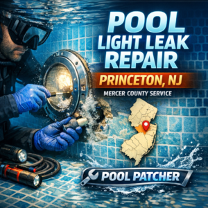 Technician repairing underwater pool light leak in a residential pool in Princeton, NJ.