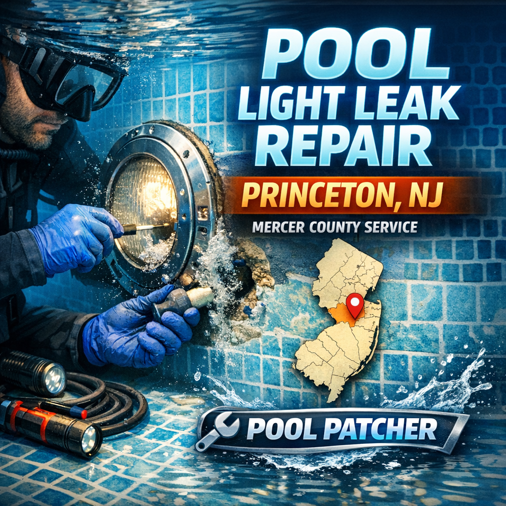 Technician repairing underwater pool light leak in a residential pool in Princeton, NJ.