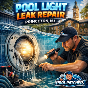 Close-up of a technician fixing a pool light leak in a residential swimming pool in Princeton, NJ.