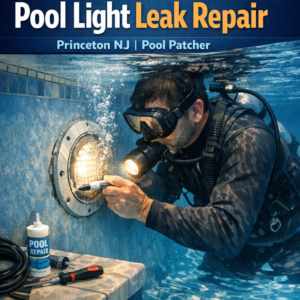 Underwater pool leak repair by a professional pool patcher in a clear blue swimming pool in Princeton, NJ.