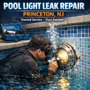Close-up of a technician repairing a leaking pool light underwater in a residential pool.