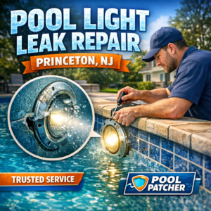 Close-up of a person repairing a pool light leak underwater using specialized tools.