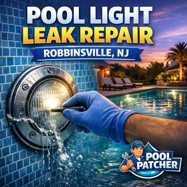 Technician repairing a pool light leak underwater with tools in a residential pool in Robbinsville, NJ.