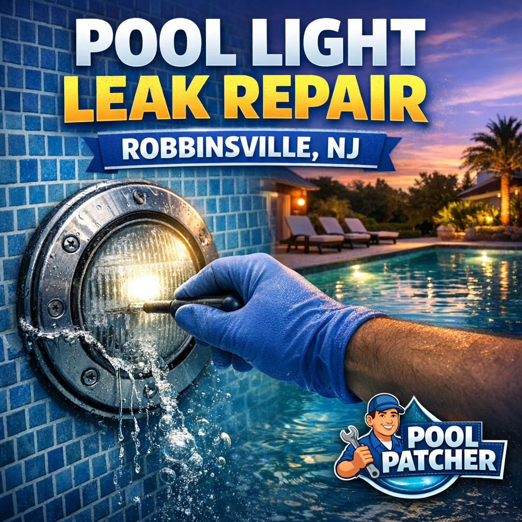 Technician repairing a pool light leak underwater with tools in a residential pool in Robbinsville, NJ.