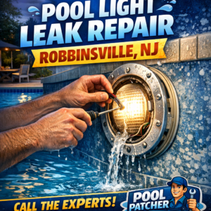 Technicians repairing a pool light to fix a leak in a residential swimming pool in Robbinsville, NJ.