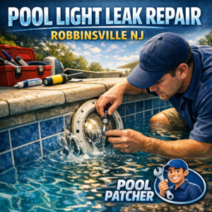 Close-up of a pool light with water leakage being professionally repaired at a pool in Robbinsville, NJ.