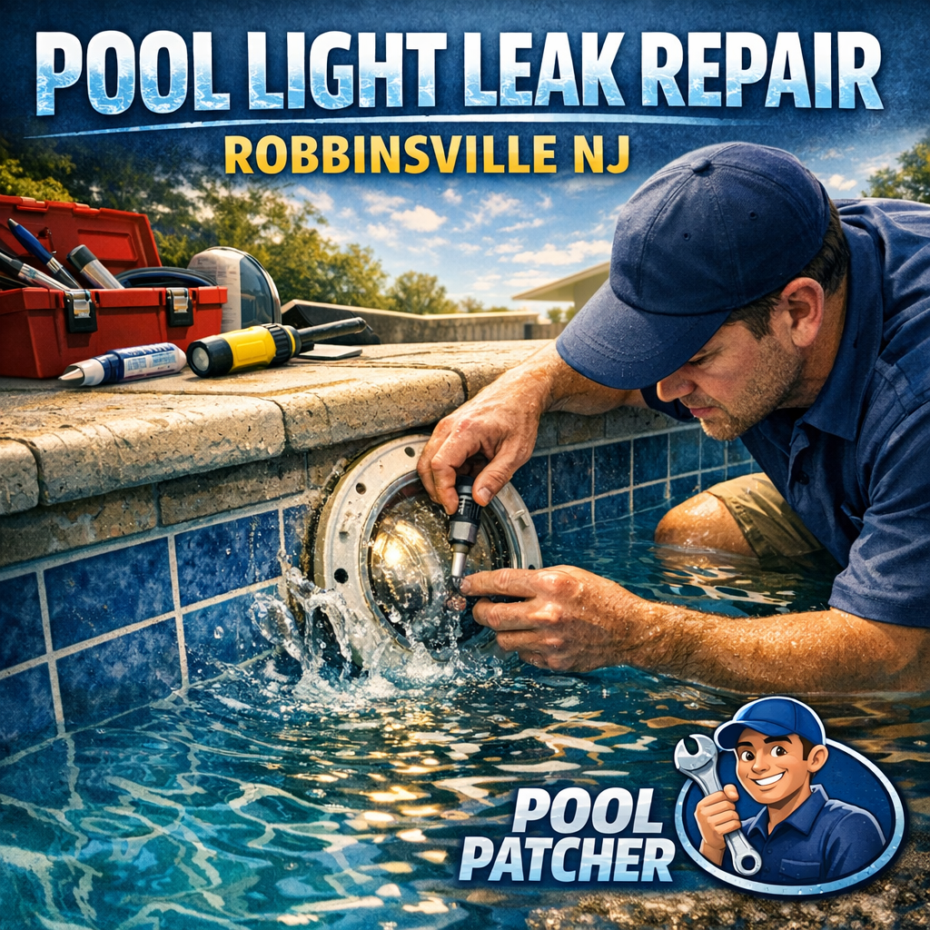 Close-up of a pool light with water leakage being professionally repaired at a pool in Robbinsville, NJ.