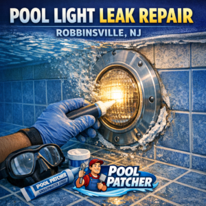 Close-up of a pool light underwater with a technician repairing a light leak in Robbinsville, NJ.