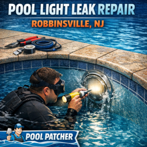 Technician repairing a pool light leak underwater in a swimming pool in Robbinsville, NJ.