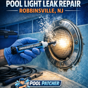 Close-up of a hand applying underwater epoxy to repair a pool light leak in Robbinsville, NJ.