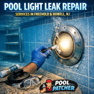 Technician repairing a pool light leak underwater with specialized equipment in a residential pool.